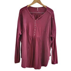 Free People Burgundy Red Henley Waffle knit Top size Large peasant boho